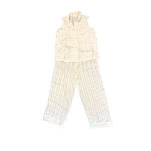 Vintage 90s Morgan Taylor Lingerie Pajamas Set Ivory Striped Button Front Wide L